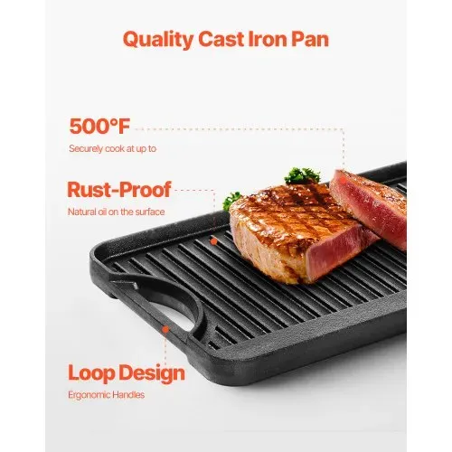 VEVOR wendbarer Grillplatte Bratpfanne Griddle aus Gusseisen (492 x 218 mm), tragbare rechteckige Pfanne mit Griff, Familienkochgeschirr für Herdplatten drinnen/draußen Grill, schwarz – Bild 3