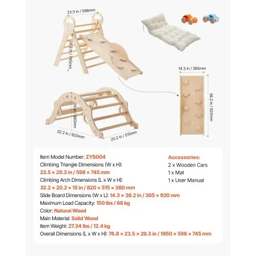 VEVOR Kletterdreieck, 9-in-1 Kletterspielzeug, mit Holzautos, Kissen, Kletterdreieck, Rutsche & Kletterbogen, bis 68 kg Belastbar, Montessori Indoor Spielset für Kinder im Alter von 1 bis 3 Jahren – Bild 6