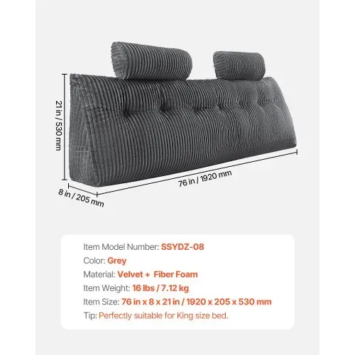 VEVOR Kopfteilkissen Keilkopfteilkissen Keilkissen (King Size) mit 2 Seitentaschen & 2 Kopfstützen, Bettkeilkissen mit waschbarem Flanelltuch, zum Lesen Spielen Arbeiten Grau (1920 x 205 x 530 mm) – Bild 6
