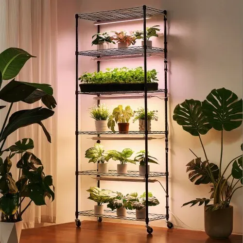 VEVOR Pflanzenregal mit Wachstumslicht, 6-stufiger Pflanzenständer mit Rädern und 4/9/14-Stunden-Timer, 150 W 3-Farben-Vollspektrum-Lichter, Blumenregal für die Samenanzucht, 75x35x180 cm – Bild 7