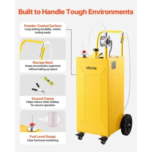 VEVOR 132,5L Kraftstofftrolley Mobile Tankanlage mit Manueller Pumpe Gelb, Tragbarer Kraftstoffbehälter für KFZ Rasenmäher Boot, Mit 4 Rollen & Ölstandsanzeige, Für Benzin & Diesel, Kohlenstoffstahl – Bild 5