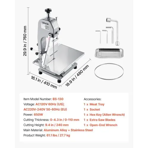 VEVOR Kommerzielle elektrische Fleischbandsäge Knochenschneidemaschine, 650 W Tisch-Knochensäge, 315 x 460 mm Werkbank, Gefrierfleischschneider für Schweinefleisch Rindfleisch Silber – Bild 6