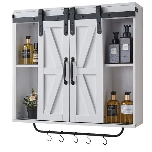 VEVOR Badezimmer Wandschrank Medizinschrank mit 2 Schiebetüren & verstellbaren Regalen, Aufbewahrungsschrank Hängeschrank mit offener Trennwand / Handtuchhalter / Haken für Küche, Toilette – Bild 10