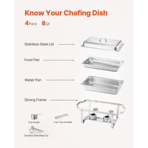VEVOR Chafing Dish Buffet-Set 4 Stk. Edelstahl-Speisenwärmer mit 4 Pfannen in voller Größe (7,5 L), rechteckiger Catering-Wärmespender mit Deckel & Wasserpfannenständer & Brennstoffhalter Buffet – Bild 4