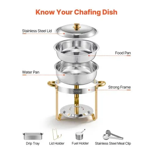 VEVOR Chafing Dish Buffet Speisenwärmer mit 4 Behältern in voller Größe (4,7 L pro), runder Catering-Wärmespender mit Deckel & Wasserpfanne & klappbarer Ständer, für Hochzeiten Partys Golden – Bild 6