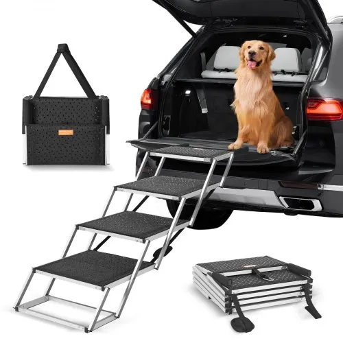 VEVOR Hundetreppe für Autos, breite 4-stufige Hundeautotreppe, zusammenklappbare Hundeautorampe mit rutschfester Oberfläche, tragbare Haustiertreppe aus leichtem Aluminium für Auto, SUV und LKW, trägt bis zu 250 lbs VEVOR Hundetreppe für Autos, breite 4-stufige Hundeautotreppe, zusammenklappbare Hundeautorampe mit rutschfester Oberfläche, tragbare Haustiertreppe aus leichtem Aluminium für Auto, SUV und LKW, trägt bis zu 250 lbs