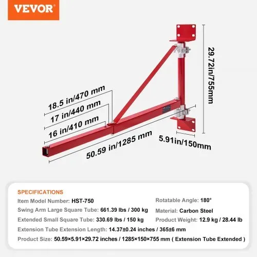 VEVOR Elektrischer Hebezeug-Stützarm 300 kg Tragkraft Hebezeughalter-Schwenkarm mit Stange Hebezeugrahmen aus Stahl, 180° schwenkbarer Gerüsthebezeug-Hebearm Windenhebezeugarm für Werkstatt Garage – Bild 6