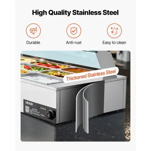 VEVOR kommerzieller Speisenwärmer (12 x 1/3 Größe Behälter), 1,7 kW elektrischer Wärmebehälter aus Edelstahl mit Glasabdeckung & Suppenkelle, Chafing Dishes für Catering Restaurant Party – Bild 4