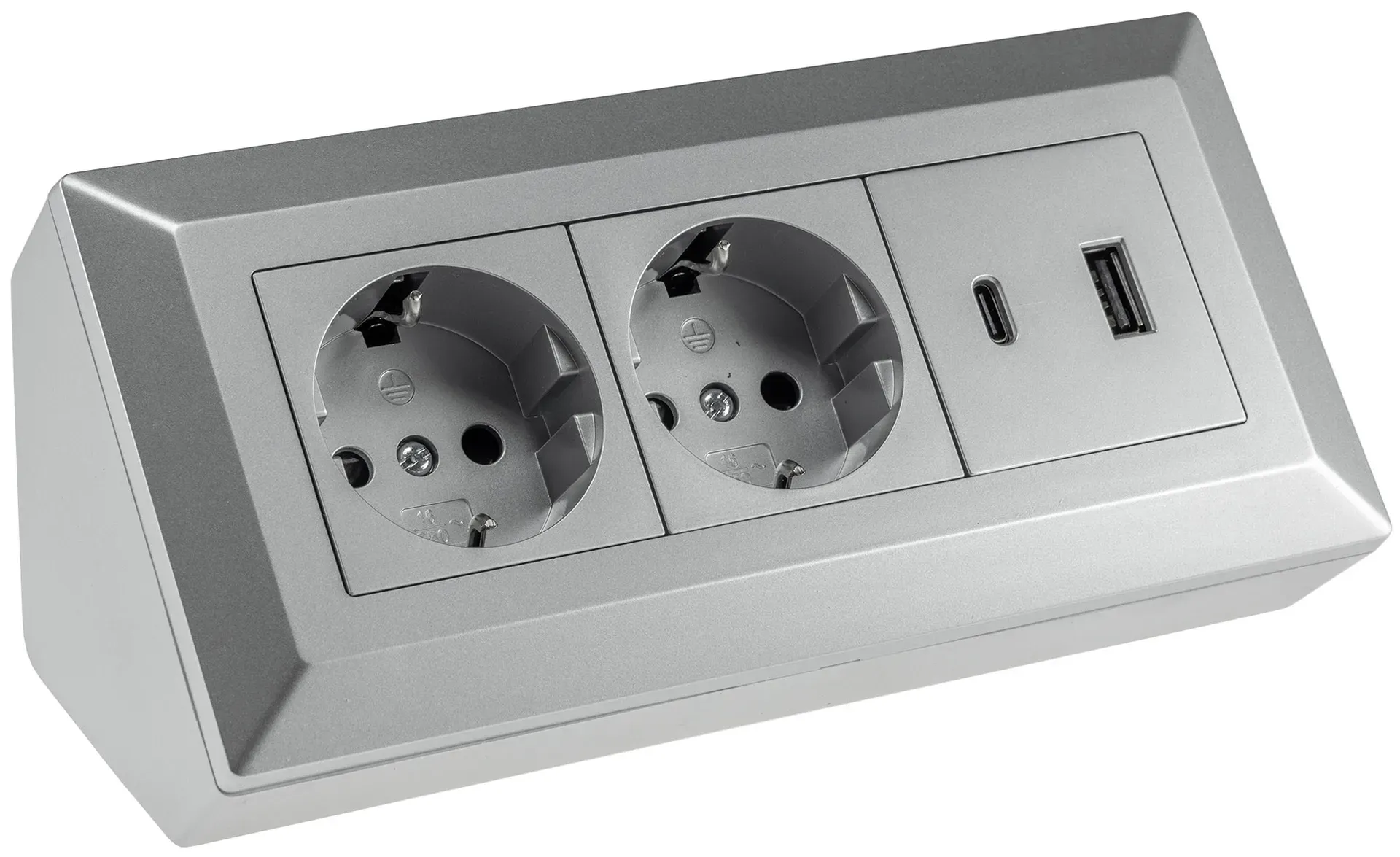 2-fach Steckdosenblock, USB-A+C, silber 250V~/ 16A, Aufbaumontage, USB 3,1A, PD 2-fach Steckdosenblock, USB-A+C, silber 250V~/ 16A, Aufbaumontage, USB 3,1A, PD