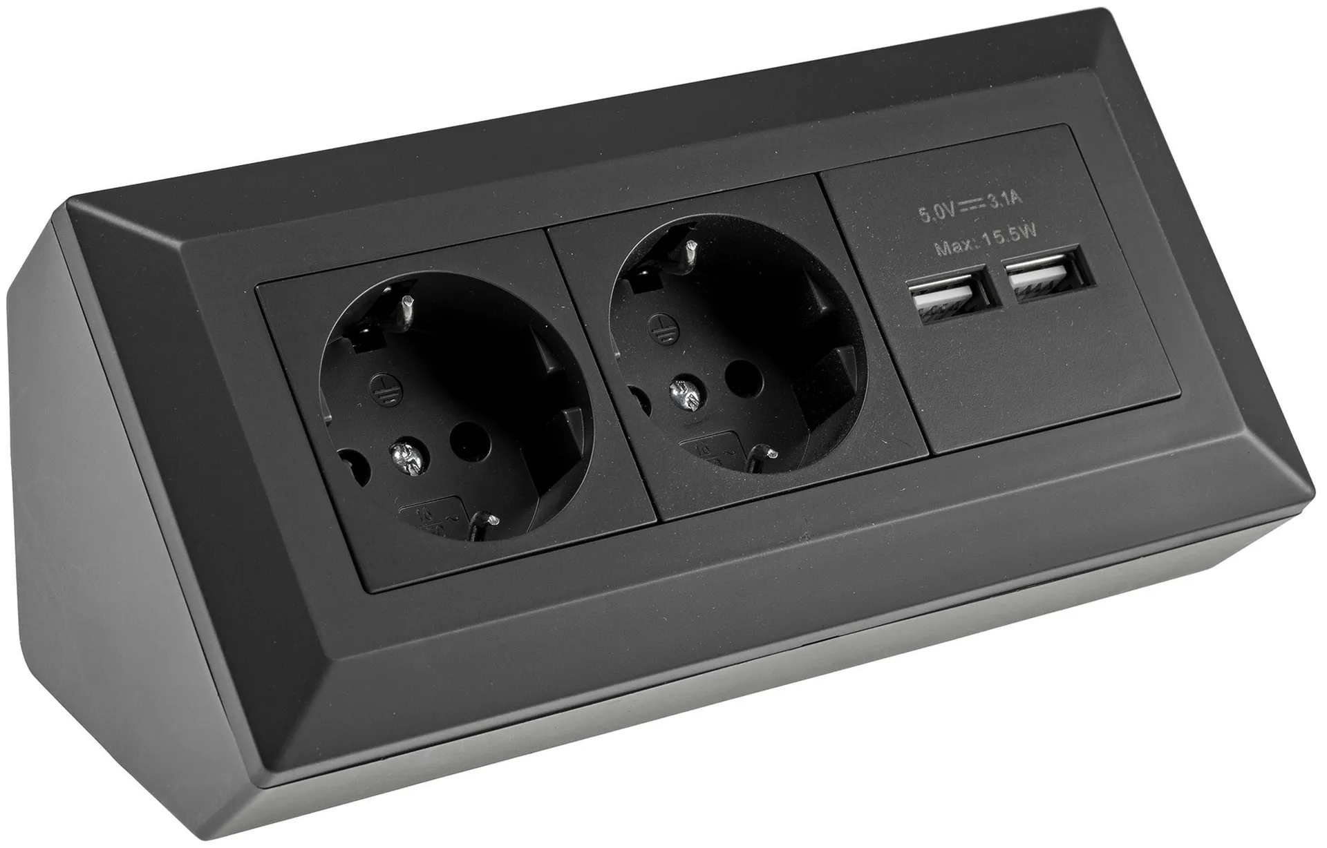 2-fach Steckdosenblock + 2x USB, schwarz 250V~/ 16A, Aufbaumontage, USB 3,1A 2-fach Steckdosenblock + 2x USB, schwarz 250V~/ 16A, Aufbaumontage, USB 3,1A