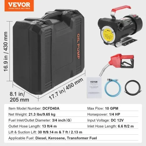 VEVOR Dieselpumpe, 12 V DC, 10 GPM, 1/4 PS, Kraftstoffpumpe mit automatischer Abschaltung der Pistole, hoher Durchfluss, Einlass- & Auslassschlauch für Diesel, Kerosin, Transformatorkraftstoff – Bild 6