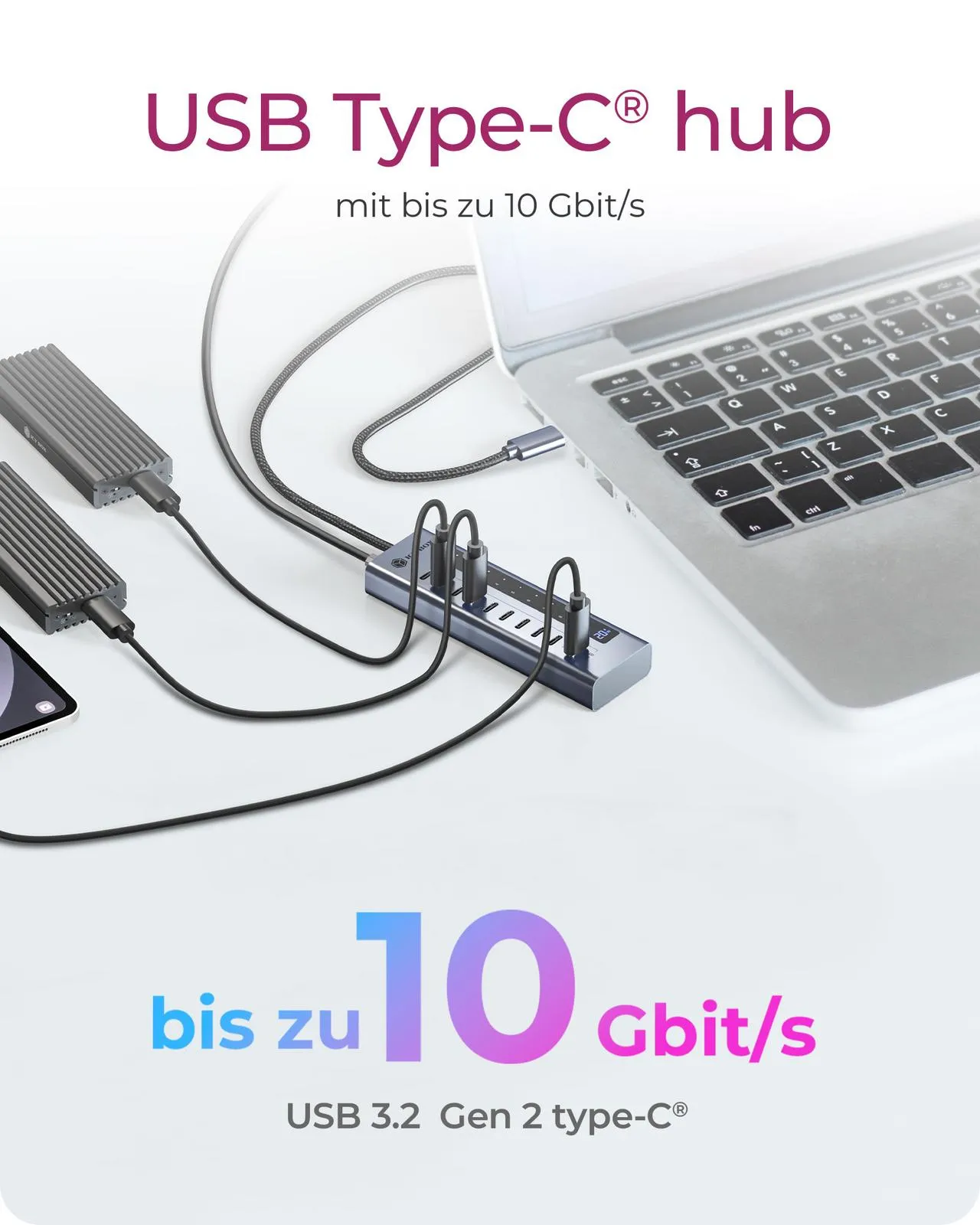 ICY BOX IB-HUB1450-C31, HUB mit 10x USB-C Ports, USB 3.2 Gen 2, 10 Gbit/s, mit 48W Netzteil, 1x PD 20W – Bild 2