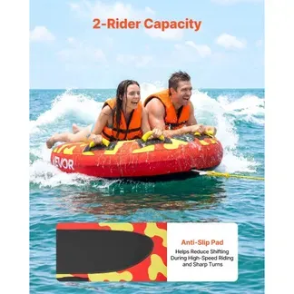 VEVOR Towable Tube für Boote, Wassersport-Schleppreifen für 2 Personen, bis 154 kg Tragfähigkeit, mit Antirutschpolstern, Nylonhülle, Gepolsterten Griffen und Sicherheitsventil, für Seen, Flüsse, Rot VEVOR Towable Tube für Boote, Wassersport-Schleppreifen für 2 Personen, bis 154 kg Tragfähigkeit, mit Antirutschpolstern, Nylonhülle, Gepolsterten Griffen und Sicherheitsventil, für Seen, Flüsse, Rot