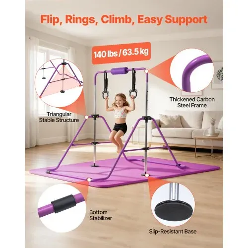 VEVOR Gymnastikstange für Kinder mit 63,5 kg Tragkraft, Klappbares Turnreck mit Matte, Höhenverstellbare Turnstange für Indoor- und Outdoor-Training, Heimtrainingsgerät für Kinderturnen zu Hause, Lila – Bild 2