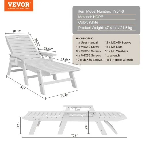 VEVOR Sonnenliege, 181kg Tragkraft, HDPE Gartenliege, Strandliege mit 6-fach verstellbarer Rückenlehne, Armlehne, Getränkehalter, Balkonliege, Terrassenliege für Pool, Terrasse, Patio, Rasen, Weiß – Bild 6