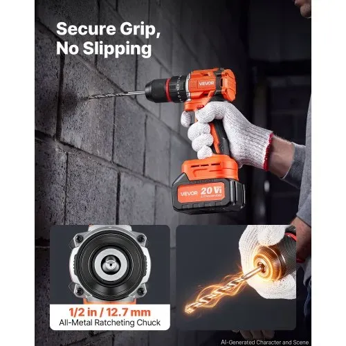 VEVOR Akku-Schlagbohrschrauber 20V 12,7mm 30.000IPM 500U/min/2.000 U/min, zum Bohren in Holz & Metall sowie zum Schrauben, 4000-mAh-Lithium-Ionen-Akku & Ladegerät, mit Ganzmetall-Bohrfutter, 65 Nm – Bild 5