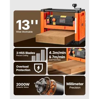 VEVOR Dickenhobel, 2 Gang, 330 mm breiter Arbeitstisch, Hobelmaschine, drei Klingen, 2000 W, 23500 U/min, leistungsstarker Motor, Doppelrollen, Überrollschutz, Holzbearbeitung für Hart- & Weichholz VEVOR Dickenhobel, 2 Gang, 330 mm breiter Arbeitstisch, Hobelmaschine, drei Klingen, 2000 W, 23500 U/min, leistungsstarker Motor, Doppelrollen, Überrollschutz, Holzbearbeitung für Hart- & Weichholz