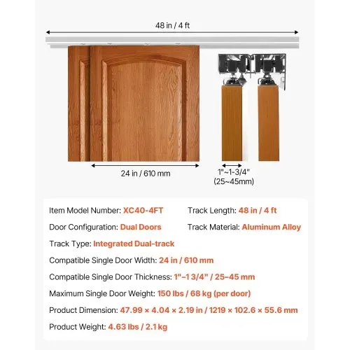 VEVOR Schiebetürbeschlag-Set 1219 mm, Doppelschiebetürschiene aus Aluminiumlegierung, 2-türiges Schiebetürsystem für Einzeltüren (25–45 mm Dicke / 610 mm Breite), Leichtgängig & Leise – Bild 6