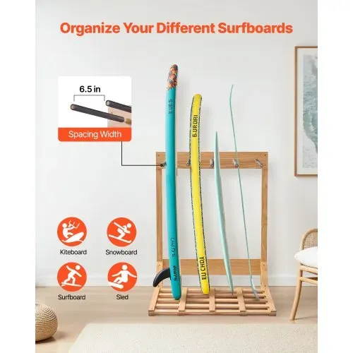 VEVOR vertikaler Surfbrettständer 4-stufiges Surfbrettregal aus Holz zur Aufbewahrung & Präsentation, freistehender Boardständer-Organizer Surfbretthalter Rack für Wakeboard Snowboard Skier VEVOR vertikaler Surfbrettständer 4-stufiges Surfbrettregal aus Holz zur Aufbewahrung & Präsentation, freistehender Boardständer-Organizer Surfbretthalter Rack für Wakeboard Snowboard Skier