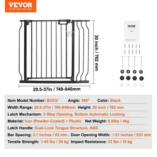 VEVOR Türschutzgitter, Absperrgitter Treppengitter, 749–990mm Breitenbereich Kindergitter, Haustiergitter, Treppenschutzgitter, Beidseitig Schwenkbare 762mm Höhe, Schwarze Babygitter ohne Bohren – Bild 6