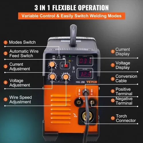 VEVOR MIG/MMA/LIFT TIG 3 in 1 Schweißgerät 50-250 A Fülldrahtschweißen(0,8 mm & 1 mm) IGBT-Technologie 2,2-12 m/min Drahtgeschwindigkeit 5,6 kVA – Bild 4