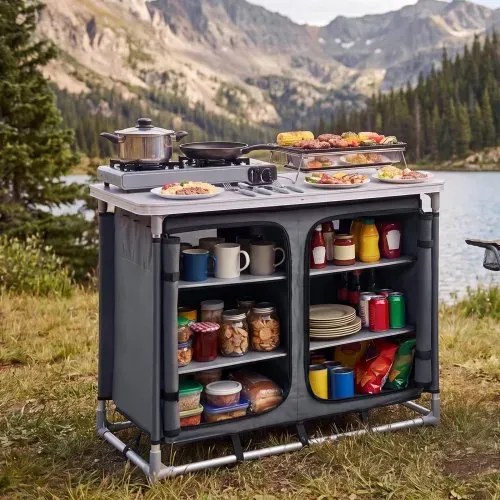 VEVOR Klappbare Campingküche, Tragbarer Campingschrank mit 6 Ablagefächern, Tragetasche & MDF-Tischplatte bis 50 kg Tragkraft, Küchenstation für Picknick, Grillen, Partys, Camping & Wohnmobilreisen – Bild 7