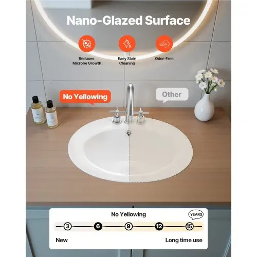 VEVOR Halbeinbauwaschbecken Handwaschbecken 485 x 425 mm ovales Aufsatzwaschbecken mit Überlauf & 3 Wasserhahnlöchern, modernes Einbauwaschbecken für kleine Räume Küchen Badezimmer Weiß – Bild 2