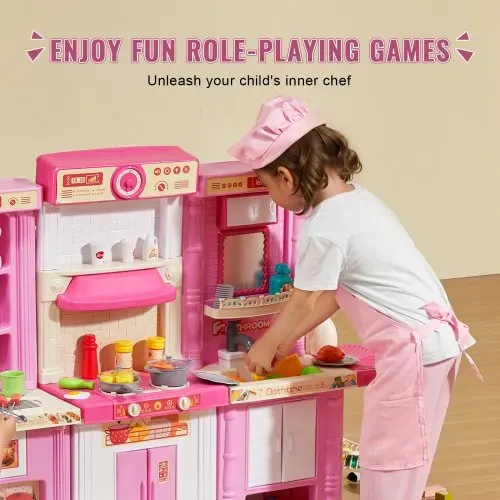 VEVOR Kinderküchen-Spielset, 3-in-1-Kleinkinderküche mit simuliertem Sprühnebel, Geräuschen & Lichtern, Spielküchenset mit 74-teiligem Kochzubehörset für Kinder im Alter von 3–8 Jahren, pink – Bild 5