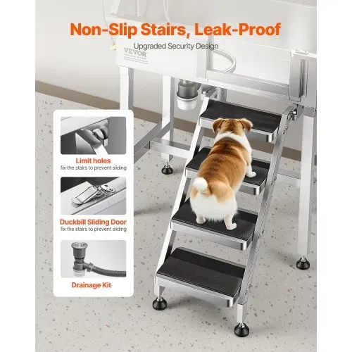 VEVOR Hundewaschstation aus Edelstahl, 870x488x1118mm Haustierpflegewanne bis 100kg mit Rechter Schiebetür & Treppe, Tierbadewanne inkl. Abfluss Duschkopf Seifenhalter für Mittlere & Kleine Haustiere – Bild 2