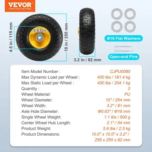 VEVOR Voll-PU-Runflat-Reifen, plattenfreier schlauchloser Reifen, 25,4 cm, 2er-Pack, 181 kg – Bild 6