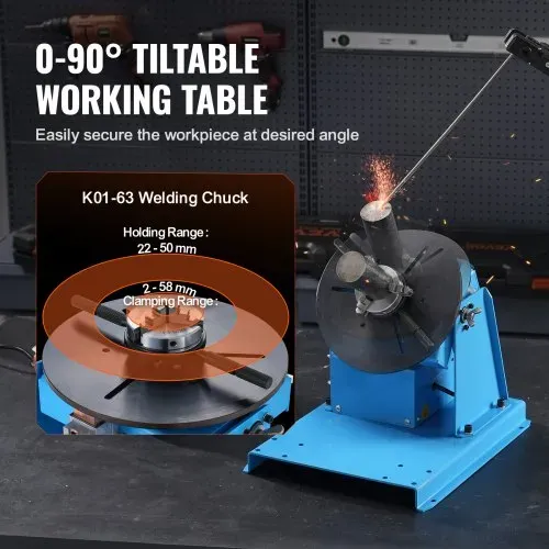 VEVOR Schweißdrehtisch 20 W Schweißpositionierer 1-12 U/min Manipulator 10 kg(Horizontal)/5 kg(vertikal) Drehtisch 0–90° Neigungswinkel K01-63 Dreibackenfutter zum Schneiden, Schleifen, Montieren – Bild 2