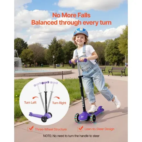 VEVOR Scooter (3 Räder) ab 3 Jahren, Cityroller Kinderroller mit leuchtenden Rädern & höhenverstellbarem Lenker & rutschfestem Deck & leichtem Aluminiumrahmen, Tretroller bis zu 75 kg, Lila – Bild 3