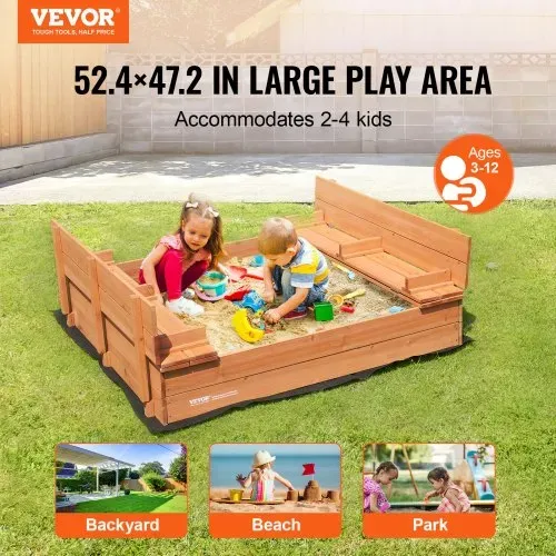 VEVOR Sandkasten aus Holz, 132 x 120 x 43 cm, Sandkasten mit klappbaren Sitzbänken und Bodeneinlage, Sandkasten aus Naturholz für Kinder für den Garten, Strand, Park, Geschenk für Jungen und Mädchen im Alter von 3–12 Jahren VEVOR Sandkasten aus Holz, 132 x 120 x 43 cm, Sandkasten mit klappbaren Sitzbänken und Bodeneinlage, Sandkasten aus Naturholz für Kinder für den Garten, Strand, Park, Geschenk für Jungen und Mädchen im Alter von 3–12 Jahren