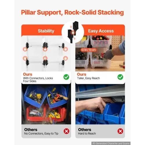 VEVOR Stapelboxen, 377 x 215 x 180 mm (12er-Pack), Sichtlagerboxen, Sichtlagerkasten zum Organisieren & Aufbewahren von Kleinteilen, Bürobedarf & anderem Zubehör, schwarz & transparent – Bild 4