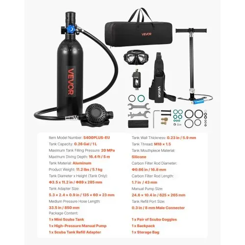 VEVOR Mini-Tauchflasche 1 L, Tragbare Lungenflasche für Unterwasseratmung, Wiederverwendbare Sauerstoffflasche für bis zu 20 Minuten Tauchzeit, Tauchausrüstung mit Adapter & Schnorchelbrille – Bild 6