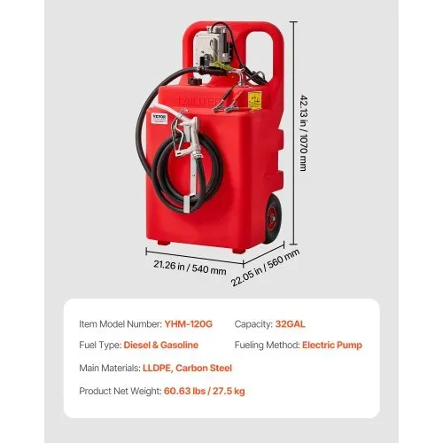 VEVOR Kraftstofftrolley, 121 L, Kraftstoffkanister mit 12 V DC Kraftstofftransferpumpe, 3,9 m Förderschlauch & Zapfpistole aus Aluminiumlegierung, für Motorboote, Geländefahrzeuge, Diesel und Benzin – Bild 6