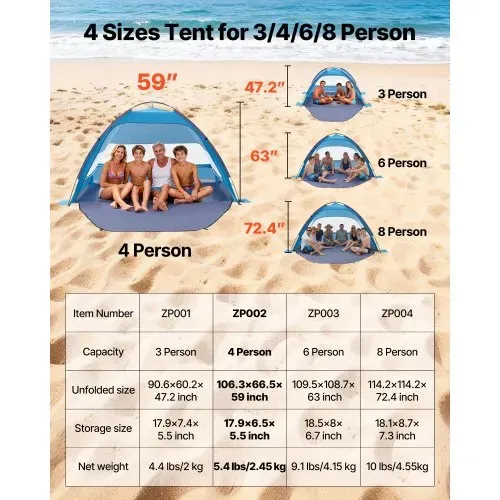 VEVOR Strandmuschel Sonnenschutz für 4 Personen, UPF 50+ Schutz, Tragbares Strandzelt mit Tragetasche & Bodenverankerungen, Leichter Strandsonnenschirm für Camping Angeln Picknick, Sonnenzelt – Bild 6