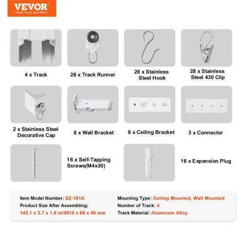 VEVOR Schiebe-Deckenvorhangschienensystem Set 3,6 m Raumteiler-Gardinenschiene Halterung zur Decken-/Wandmontage für Wohnzimmer Schlafzimmer mit Haken & Hardware & 4 Schienen, weiß 3610 x 68 x 46 mm – Bild 6