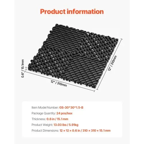 VEVOR ineinandergreifende Drainagematte Duschmatte 31 x 31 cm modulares ineinandergreifende Bodenmatten, 24 STK. Spleiß-Drainagematten, rutschfeste Drainage-Bodenfliesen, für Garage Garten Schwarz – Bild 6