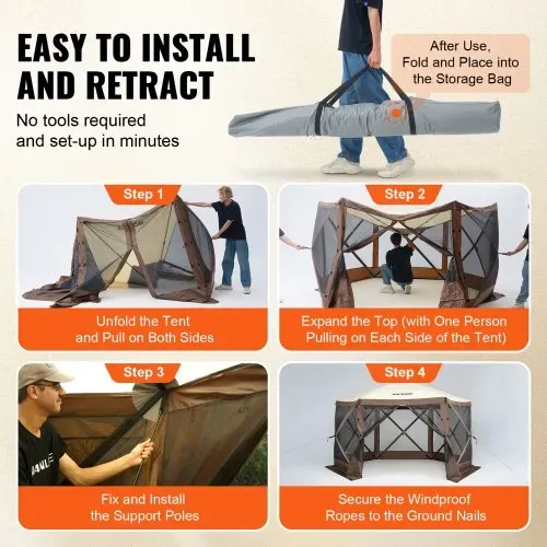 VEVOR Pop-Up-Pavillonzelt, Pop-Up-Zelt mit 6-seitigem Baldachin, Sonnenschutz mit 6 abnehmbaren Sichtschutz-Windtüchern und Netzfenstern, 3,5 x 3,5 m, Schnellaufbau-Zelt mit Moskitonetz, braun – Bild 4