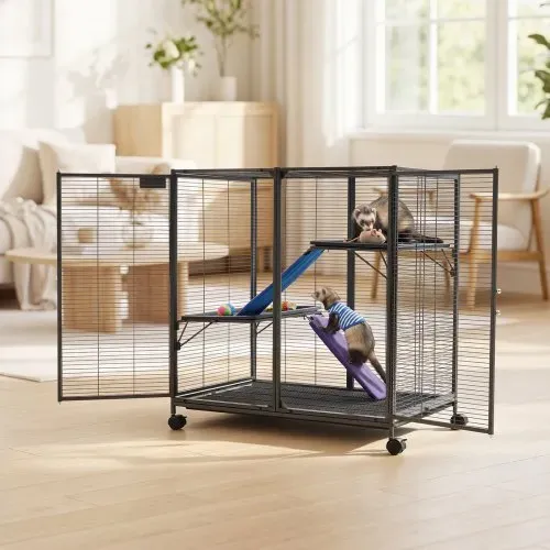 VEVOR Kleintierkäfig Metall Frettchenkäfig Kleintiergehege 90x58x96 cm, Frettchen Chinchillas Gleithörnchen Meerschweinchen & Kaninchen 3-Stöckig 13,97 mm Drahtabstand Feststellbare Schwenkrolle – Bild 7
