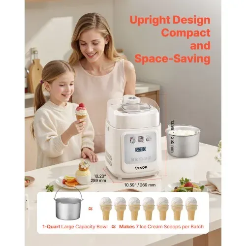 VEVOR automatische Eismaschine mit eingebautem Kompressor 1 L kein Vorgefrieren, Gelato und Ice Cream Maker mit 4 Modi, elektrischer Eismaschine Frozen Yogurt Sorbet Maker Weiß – Bild 3