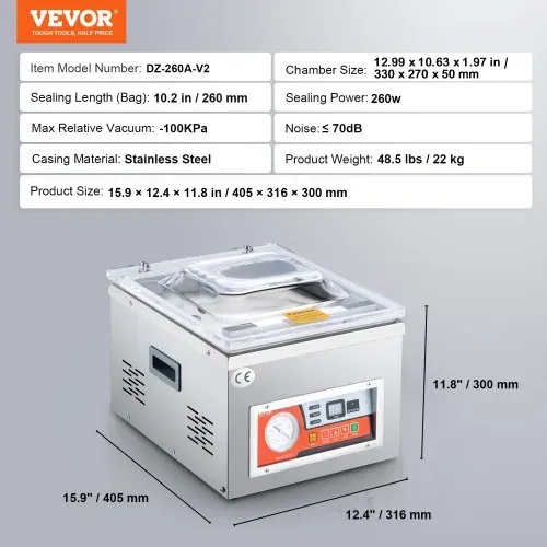 VEVOR Vakuumierer DZ-260A Kompakter Profi-Kammervakuumierer 180W Motor Kammervakuumierer 6,5 cbm/h Vakuumiergerät 33x25cm Dichtungsgröße Geeignet für Haushalten Supermärkten Lebensmittelfabriken – Bild 6