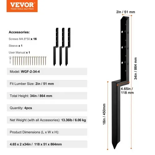 VEVOR Reparaturset für Zaunpfostenanker, 4er-Pack, Innendurchmesser 51 x 51 mm, robuste Stützpfähle für Zaunpfosten aus Stahl, Anker-Erdspieß zur Reparatur von schiefen, gebrochenen Holzzaunpfosten – Bild 6