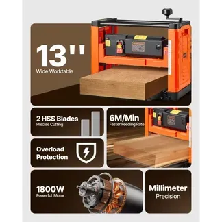 VEVOR Dickenhobel, Zwei-Blatt, 330 mm breiter Arbeitstisch, Hobelmaschine, 1800 W, Hobel, 23500 U/min, Doppelrollen, Überrollschutz, Holzbearbeitung mit Einzelgeschwindigkeit, für Hart- & Weichholz VEVOR Dickenhobel, Zwei-Blatt, 330 mm breiter Arbeitstisch, Hobelmaschine, 1800 W, Hobel, 23500 U/min, Doppelrollen, Überrollschutz, Holzbearbeitung mit Einzelgeschwindigkeit, für Hart- & Weichholz