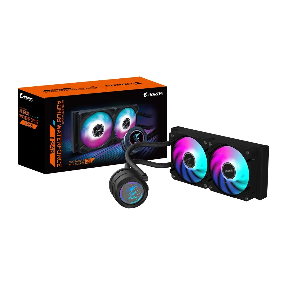 GIGABYTE AORUS WATERFORCE II 240 AIO Flüssigkeits-CPU-Kühler – 2x120mm ARGB-Lüfter, Schiebe-in-Verriegelungsmechanismus, DAISY-CHAIN, kompatibel mit Intel LGA 1851 und AMD AM5 GIGABYTE AORUS WATERFORCE II 240 AIO Flüssigkeits-CPU-Kühler – 2x120mm ARGB-Lüfter, Schiebe-in-Verriegelungsmechanismus, DAISY-CHAIN, kompatibel mit Intel LGA 1851 und AMD AM5