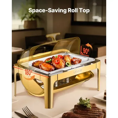 VEVOR Chafing Dish Set Speisenwärmer Edelstahl mit Pfannen in voller Größe (8,5 L), rechteckiger Wärmespender mit sichtbarem Deckel & Wasserpfannenständer & Brennstoffhalter, für Partys Gold – Bild 4