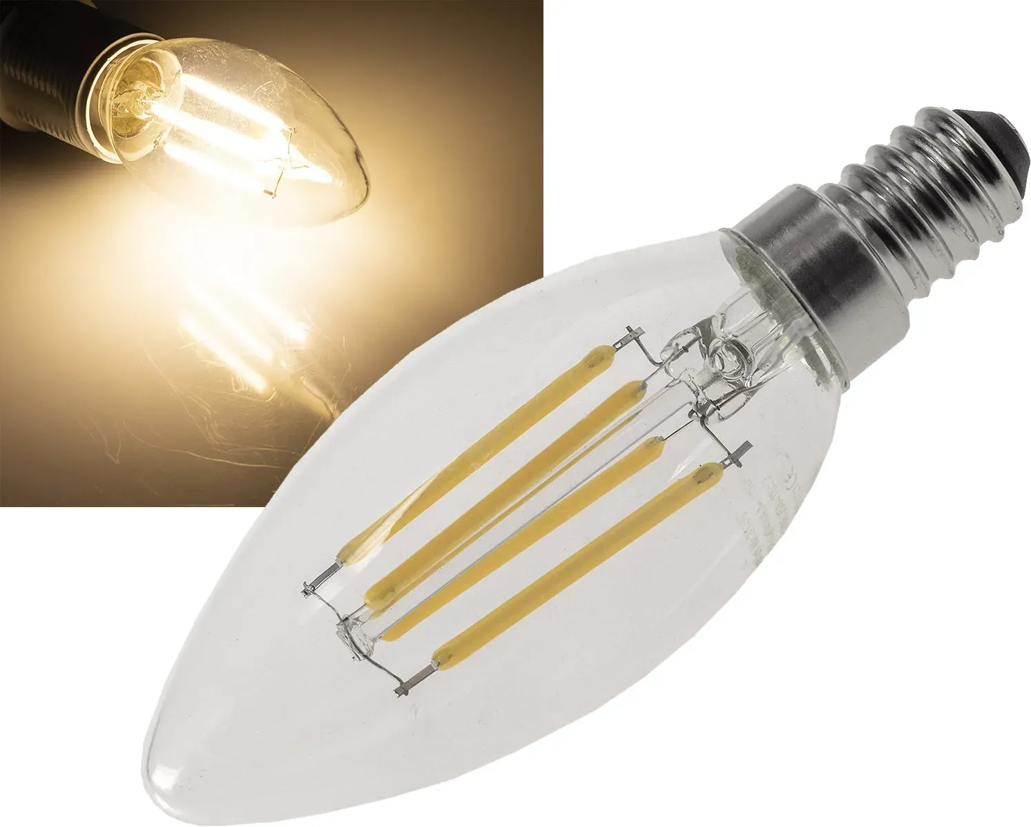 LED Kerzenlampe E14 “Filament K4” 3000k, 400lm, 230V/4W, warmweiß LED Kerzenlampe E14 “Filament K4” 3000k, 400lm, 230V/4W, warmweiß