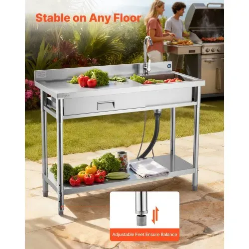 VEVOR Spültisch Spülbecken Edelstahl (120 x 50 x 94 cm), Einzelbecken mit Wasserhahn & Schublade, Küchenspüle für Garage Restaurant Wäscherei, Waschtisch Außenspüle mit Arbeitsplatte (links) – Bild 5