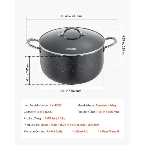 VEVOR Suppentopf aus Aluminium 11,4 L Antihaftbeschichtet Kochtopf mit Glasdeckel, PFOA- und PFAS-frei, Kompatibel mit Gasherden Induktionsherden Elektroherden, Ideal für Suppen Eintöpfe und Pasta – Bild 6